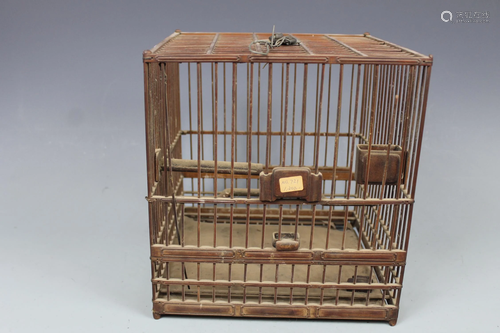 A Bamboo Birdcage with a Hongmu Bird Feeder, Qing