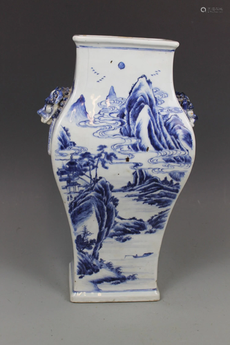 A Blue and White Double-Handled Square Vase, Mid Qing