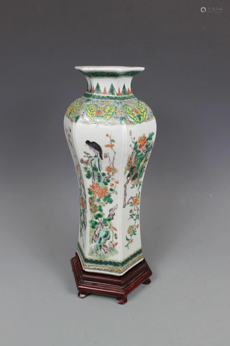 A Famille-Verte Hexagonal Vase, Qing Dynasty