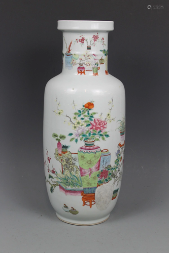 A Famille-Rose 'Bogu' Rouleau Vase, Qing Dynasty