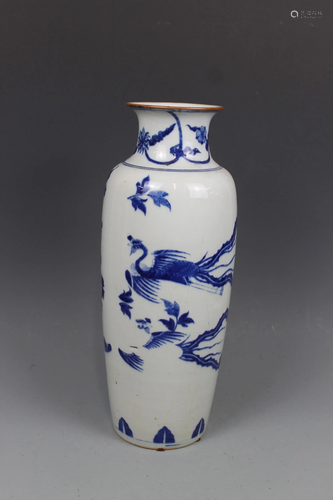 A Blue and White 'Phoenix and Flowers' Vase, Early Qing