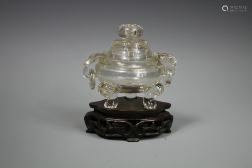A Carved Crystal Tripod Censor with Cover, Mid Qing