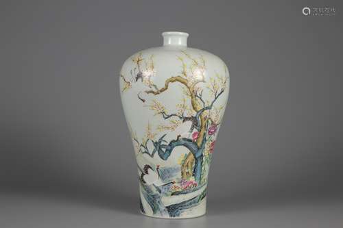 Plum vase with pink flowers and crane pattern in Qing Dynast...