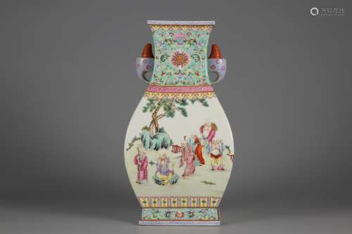 Qing Dynasty pastel figure story double ear square bottle