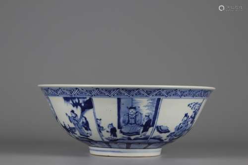 Qing Dynasty blue and white character story bowl