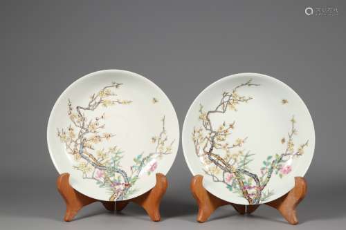 A pair of pink plum blossom plates in the Qing Dynasty