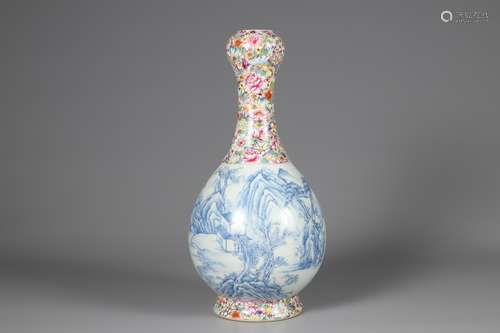 Qing Dynasty pink blue and white landscape garlic bottle