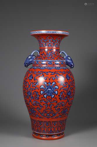 Qing Dynasty red ground blue and white flower double ear bot...