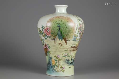 Peacock plum vase with pastel flowers in Qing Dynasty