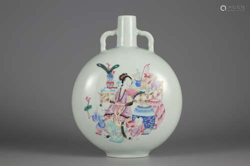 Double ear flat bottle of pastel character story in Qing Dyn...