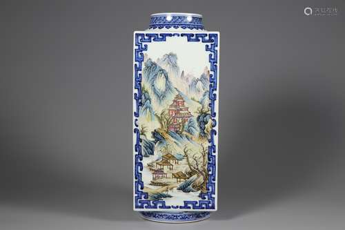 Qing Dynasty blue and white pastel landscape square bottle