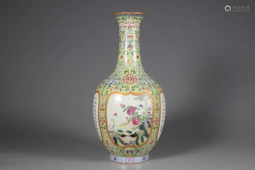Qing Dynasty pastel flower and bird poetry bottle