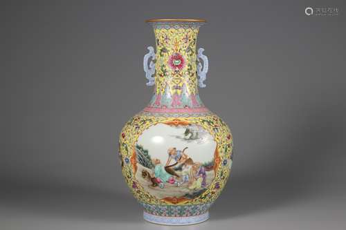 Qing Dynasty pastel figure story double ear bottle