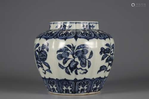 Melon jar with blue and white flower and fruit pattern in Mi...