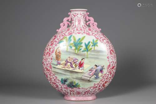 Double ear flat bottle of pastel character story in Qing Dyn...