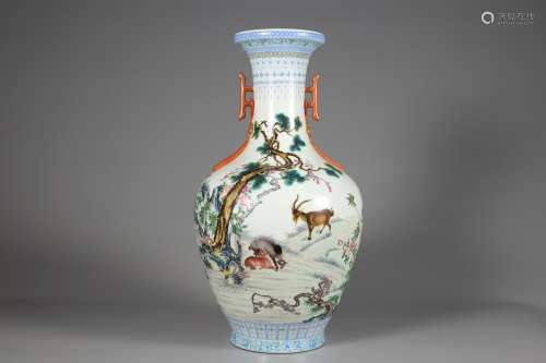 Qing Dynasty pastel landscape sheep two ear bottle