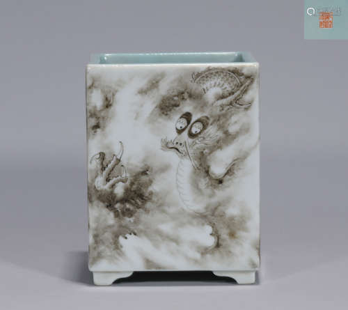 A Grisaille Glazed Dragon Brush-pot Qianlong Period