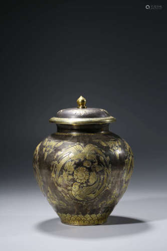 Chinese Silver Jar With Gilt Inlaid
