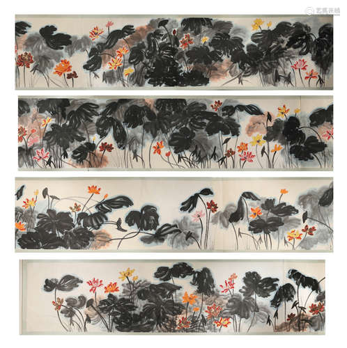 Chinese Hand Scroll Painting Lotus Scene