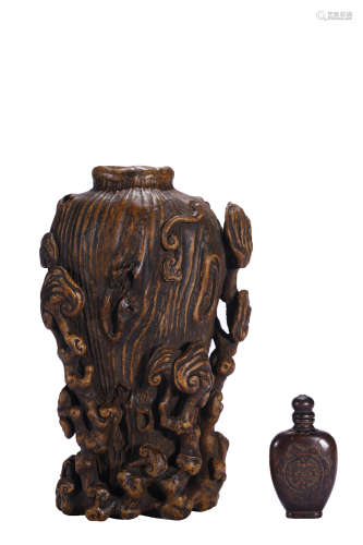 Chinese Chenxiang Wood Vase, And Snuff Bottle
