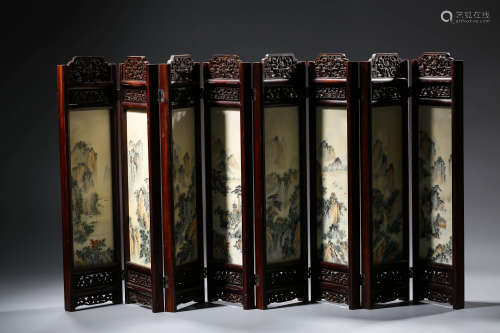 Chinese Polychrome Stone Tablet Table Screen