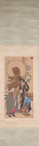 Chinese Ink And Color Scroll Painting Of Lohan