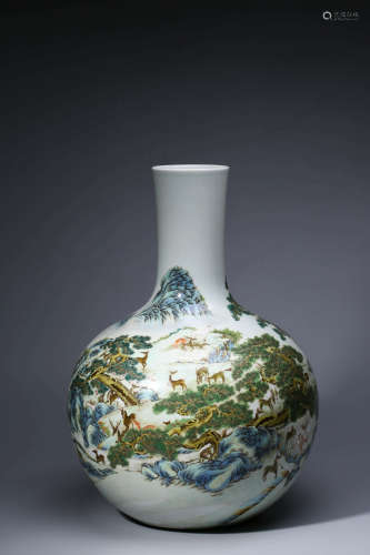 Chinese Famille Rose Porcelain Bottle Vase, Deer Scene