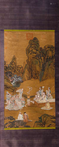 Chinese Ink And Color Scroll Painting Of Immortals