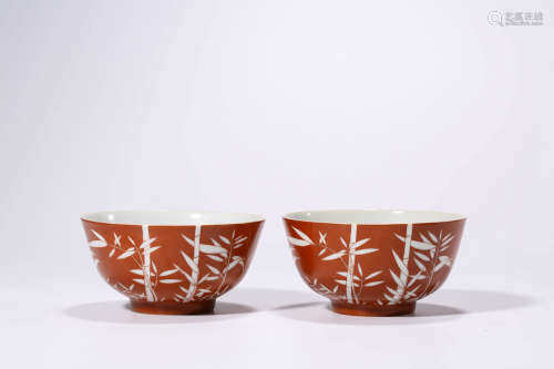 Chinese Coral Red Glazed Porcelain Bowl, Pair