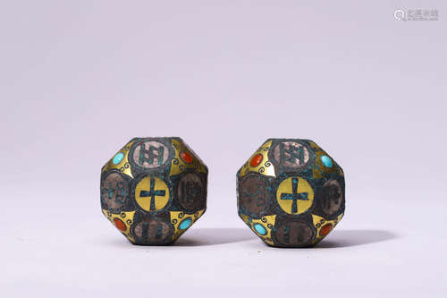 Chinese Gilt Silver Inlaid Bronze Dice