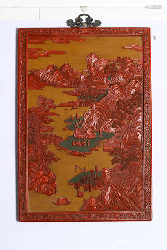 Chinese Lacquer Wood Landscape Wall Panel