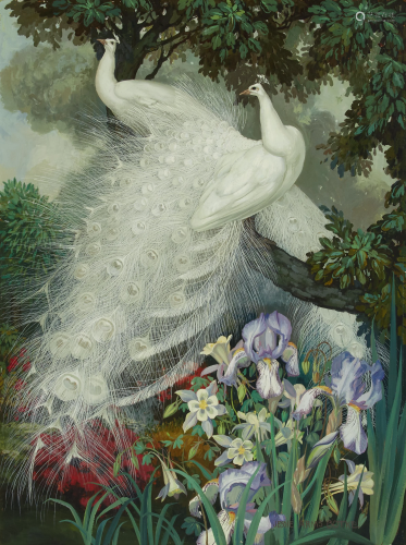 Jessie Arms Botke (1883-1971) White Peacocks and Iris