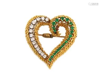 Vintage 2ct Diamond & Emerald 18k Gold Heart Pendant