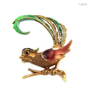 Vintage Enamel 14k Yellow Gold Golden Pheasant Bird