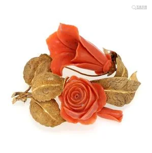 Vintage 14k Yellow Gold Carved Coral Flower & Leaves