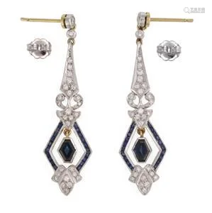 Vintage Diamonds Sapphire 18k Gold Platinum Dangle