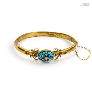 Victorian Turquoise 14k-15k Yellow Gold Bangle Bracelet