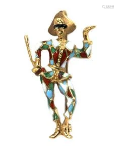 Vintage Multicolor Enamel 18k Yellow Gold Court Jester