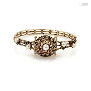 Circa 1940s 14k Yellow Gold Pearls & Enamel Floral