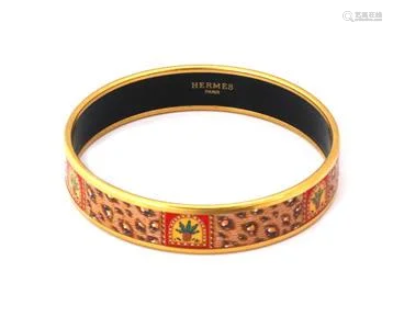 Hermes Printed Enamel 13mm Wide Gold Plated Metal