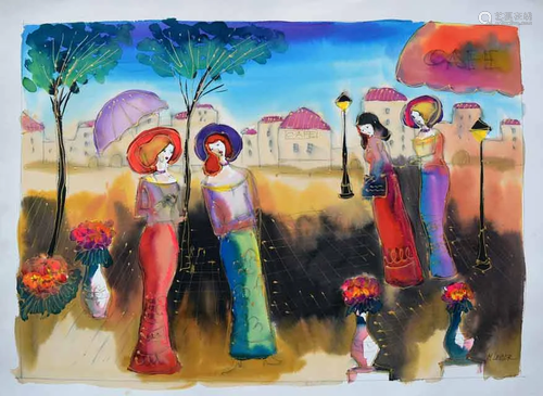 LEIDER ** CAFÃ‰ LADIES ** SIGNED WATERCOLOR