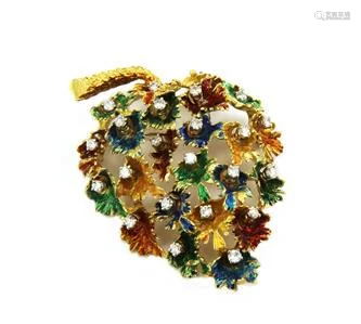 Diamond Multicolor Enamel 18k Yellow Gold Large Leaf