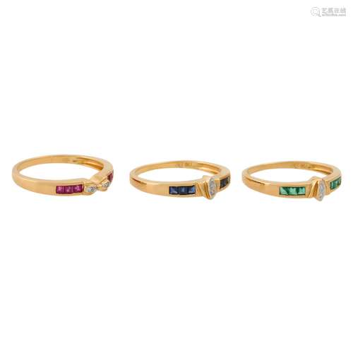 Ringset 3-teilig mit Smaragd-, Rubin-, Saphircarrés und 4 Br...