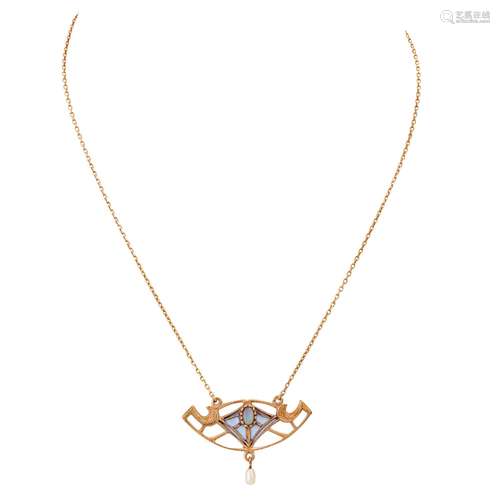 Jugendstil Collier mit Opal und transluzentem Fensteremail,