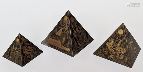 Lot of 3 Brass Inlaid Egyptian Revival Pyramids