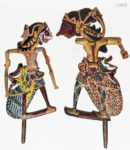 Pair Hand Painted Wood Carved Stick Puppets