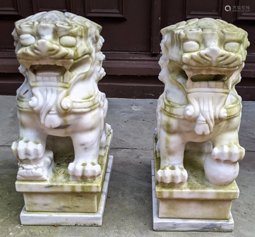 Pair Chinese White Marble Foo Dogs