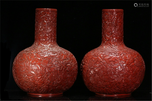 PAIR CHINESE CARVED RED LACQUER FLORAL VASES