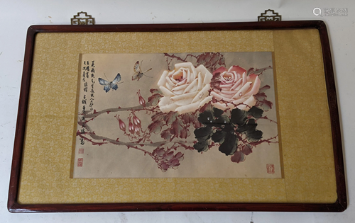 Signed Chinese Watercolor of Flowers