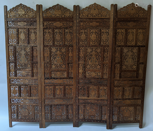 Brass Inlaid Asian 4-Panel Screen